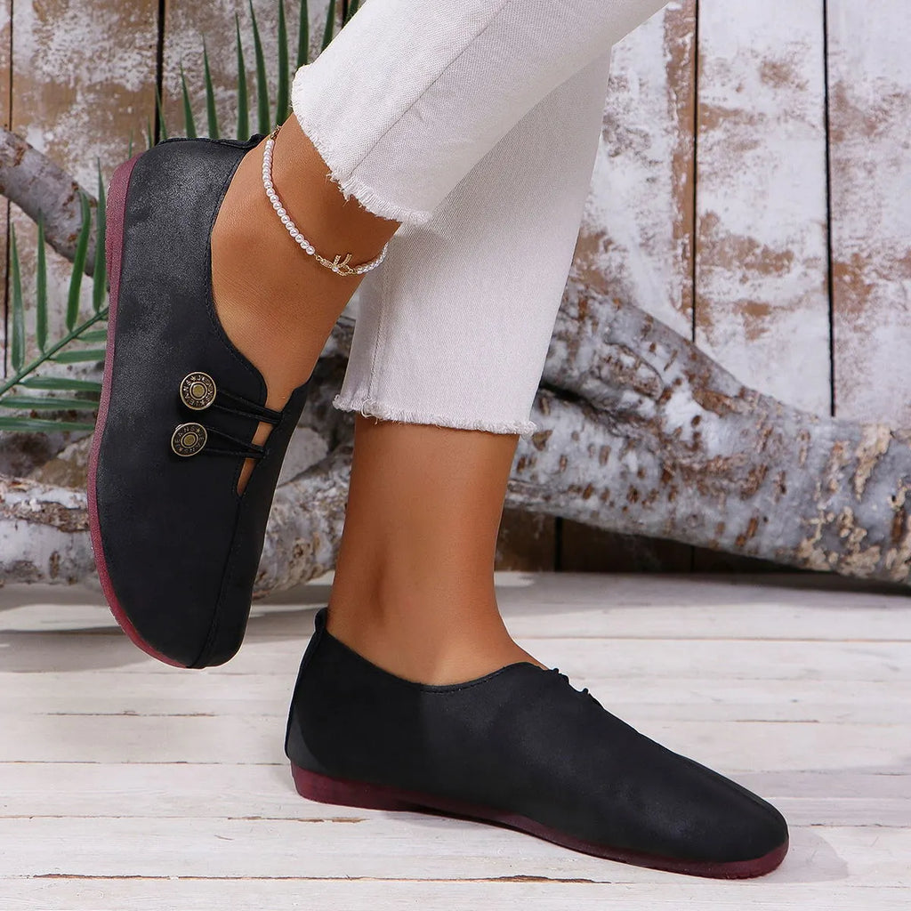 Women's Elegant soft sole round toe buckle decoration Flat Shoes