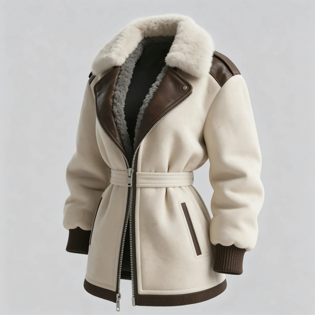 Women's Retro Western Style Contrast Color Stitching Fur Collar Lapel Mid-Length Jacket