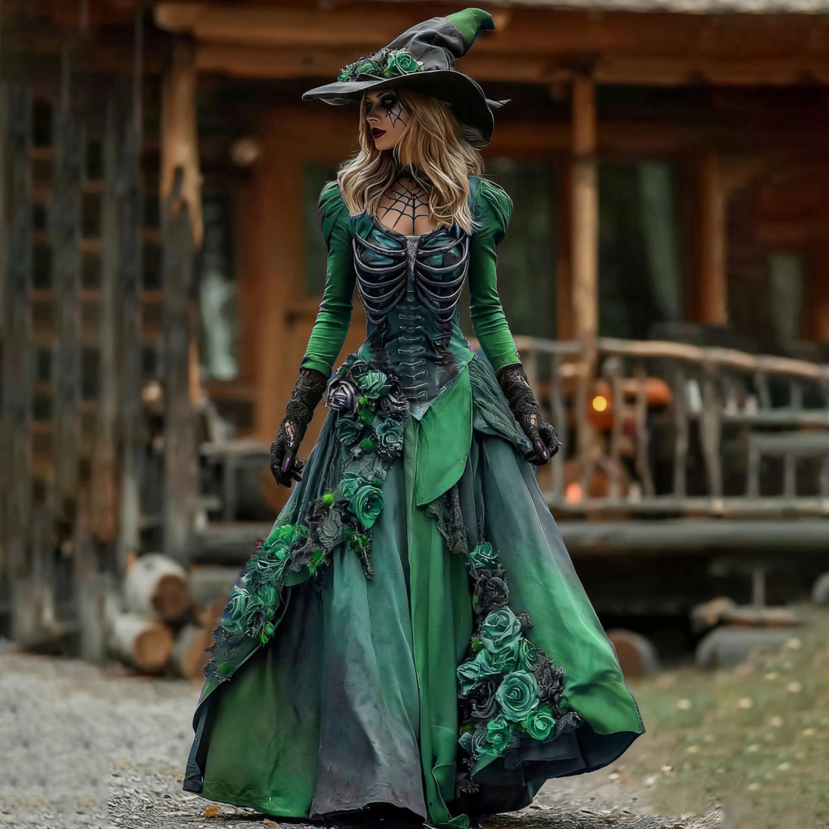 Vintage Witch Skull Rib Cage Rose Pattern Maxi Dress