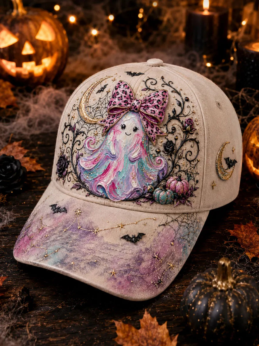 Leopard Bow Pastel Ghost Halloween Baseball Cap