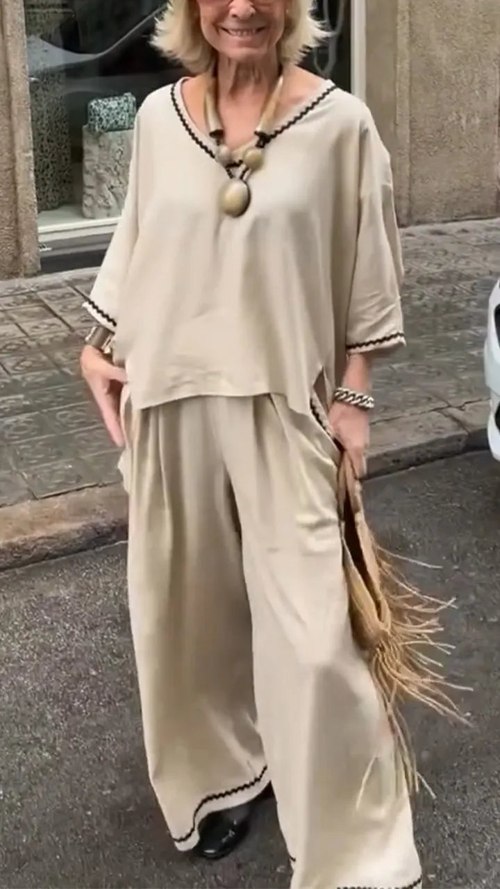 Women V-neck Irregular Top + Pants Loose Casual Suit