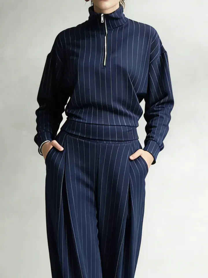 Women's Striped Stretch Cotton Half-zip Top And Wide-leg Pants Two-piece Set