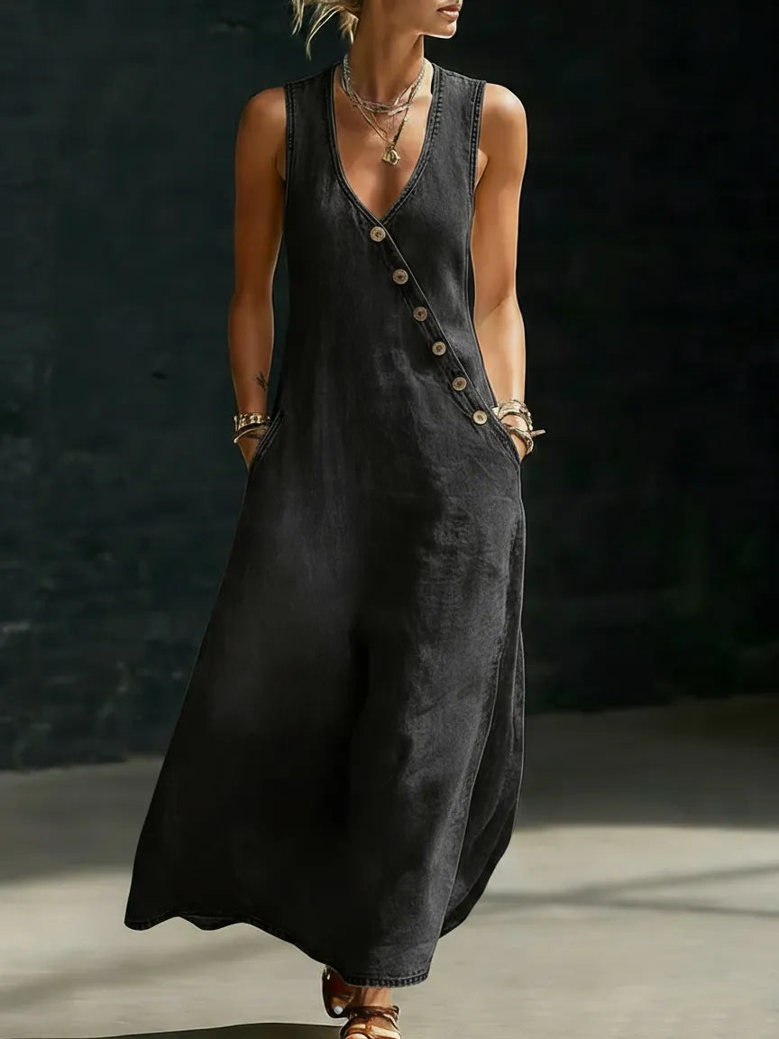 Minimalist Button-up V-neck Denim Dress