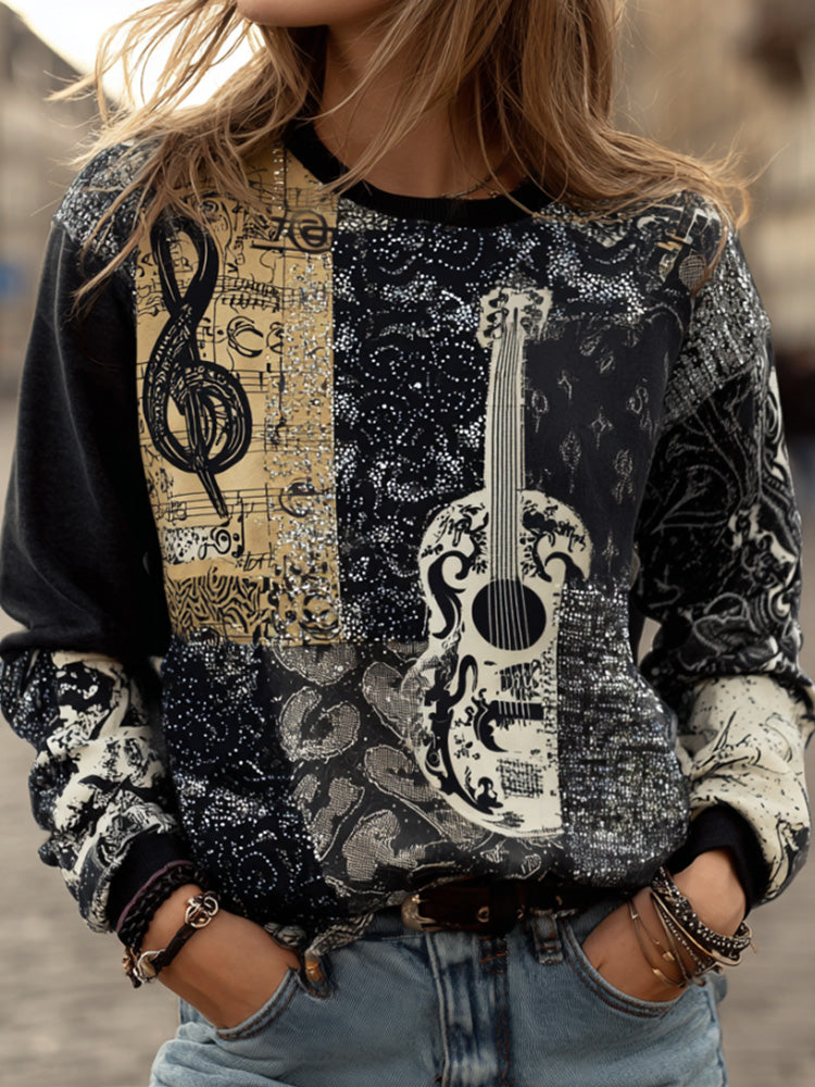 Vintage Music Symbol Black And White Print Spliced Crew Neck Sweatshirt