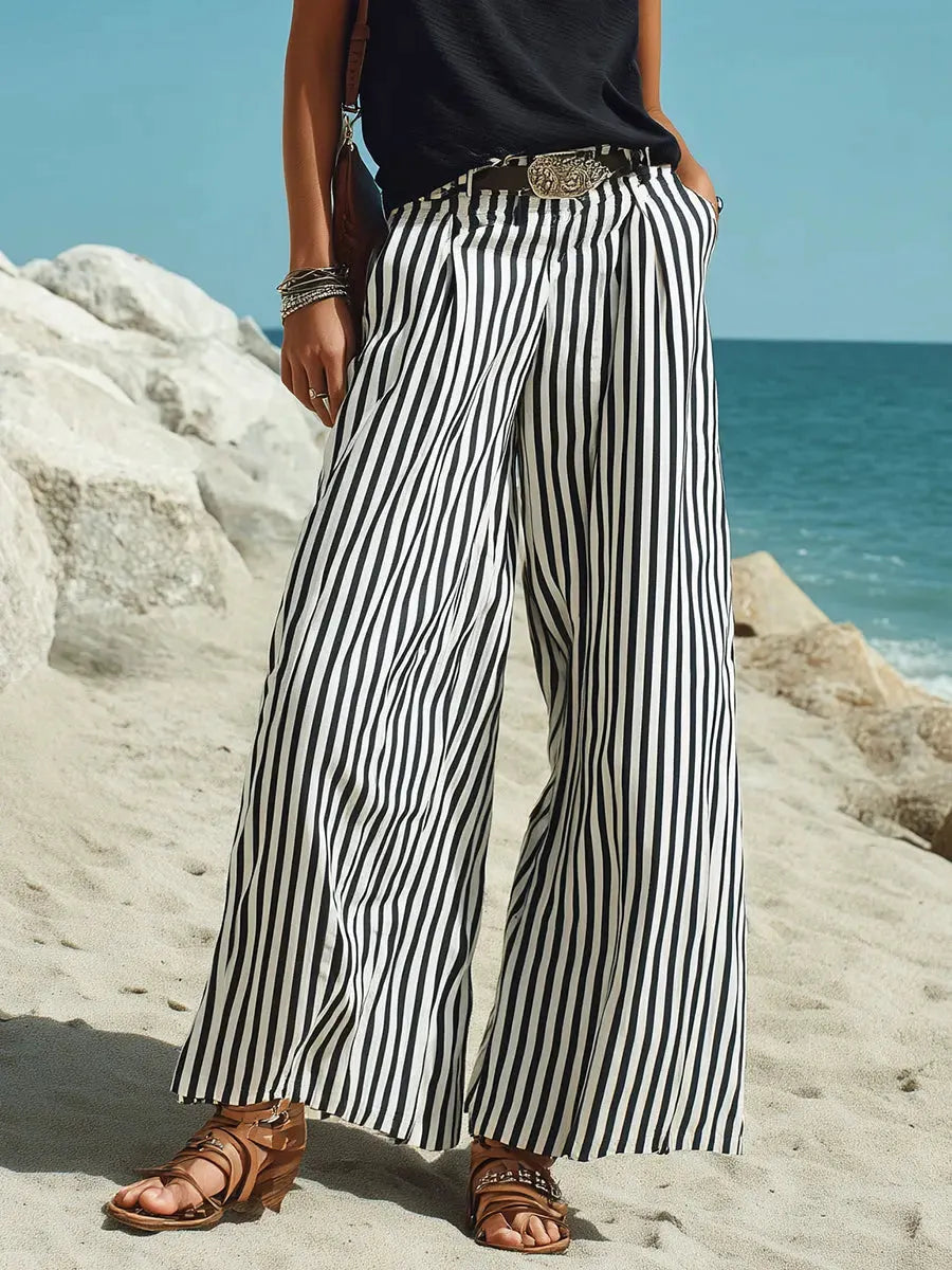 Women's Casual Vacation Cotton Sleeveless Vest And Vertical Striped Wide-leg Pants Set