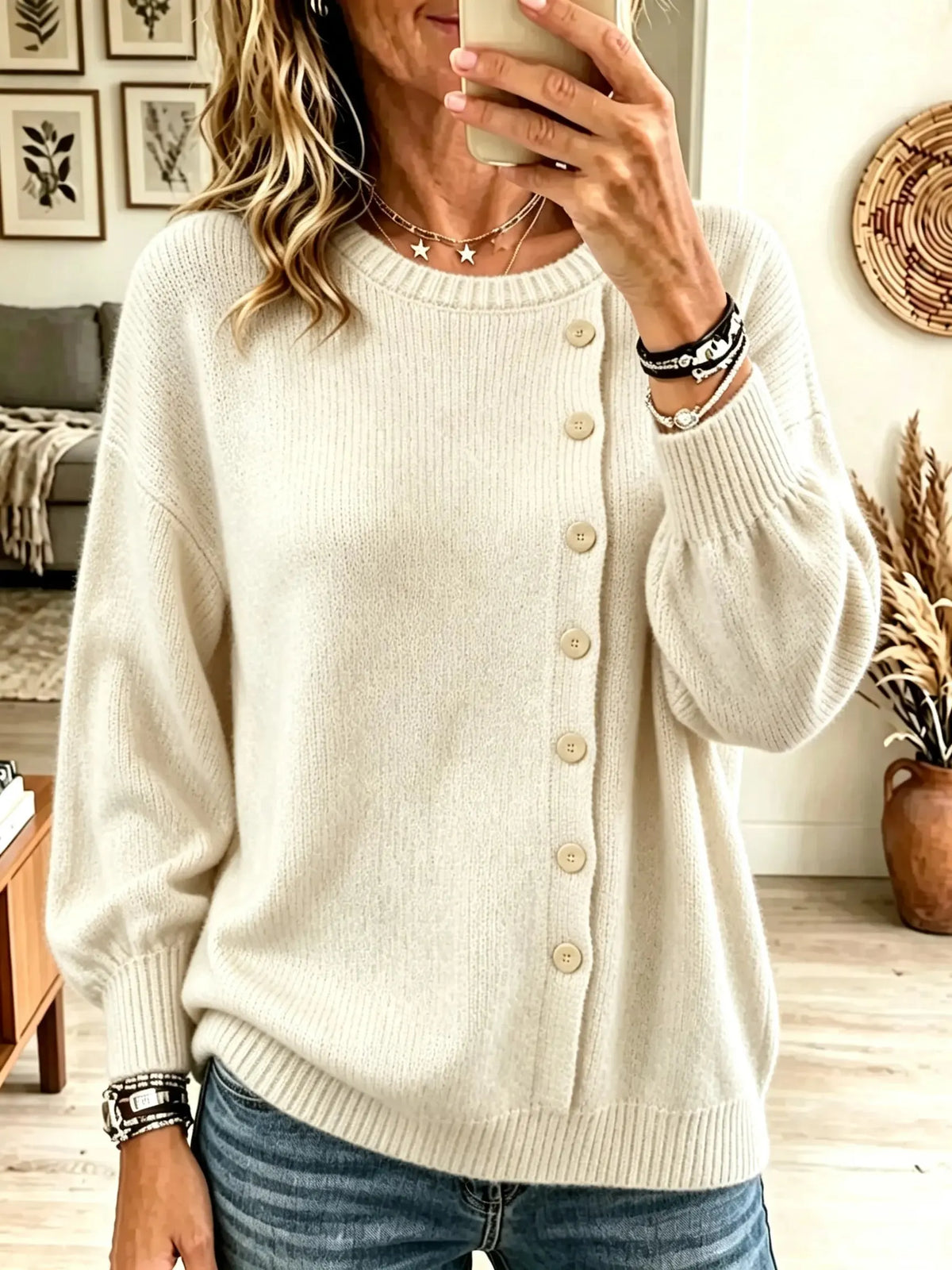 Women's Asymmetrical Button Crewneck Knit Sweater