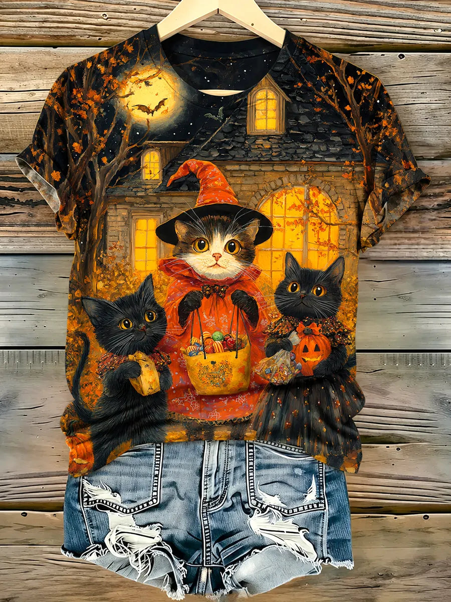 Women's Halloween Cat Print Casual T-Shirt