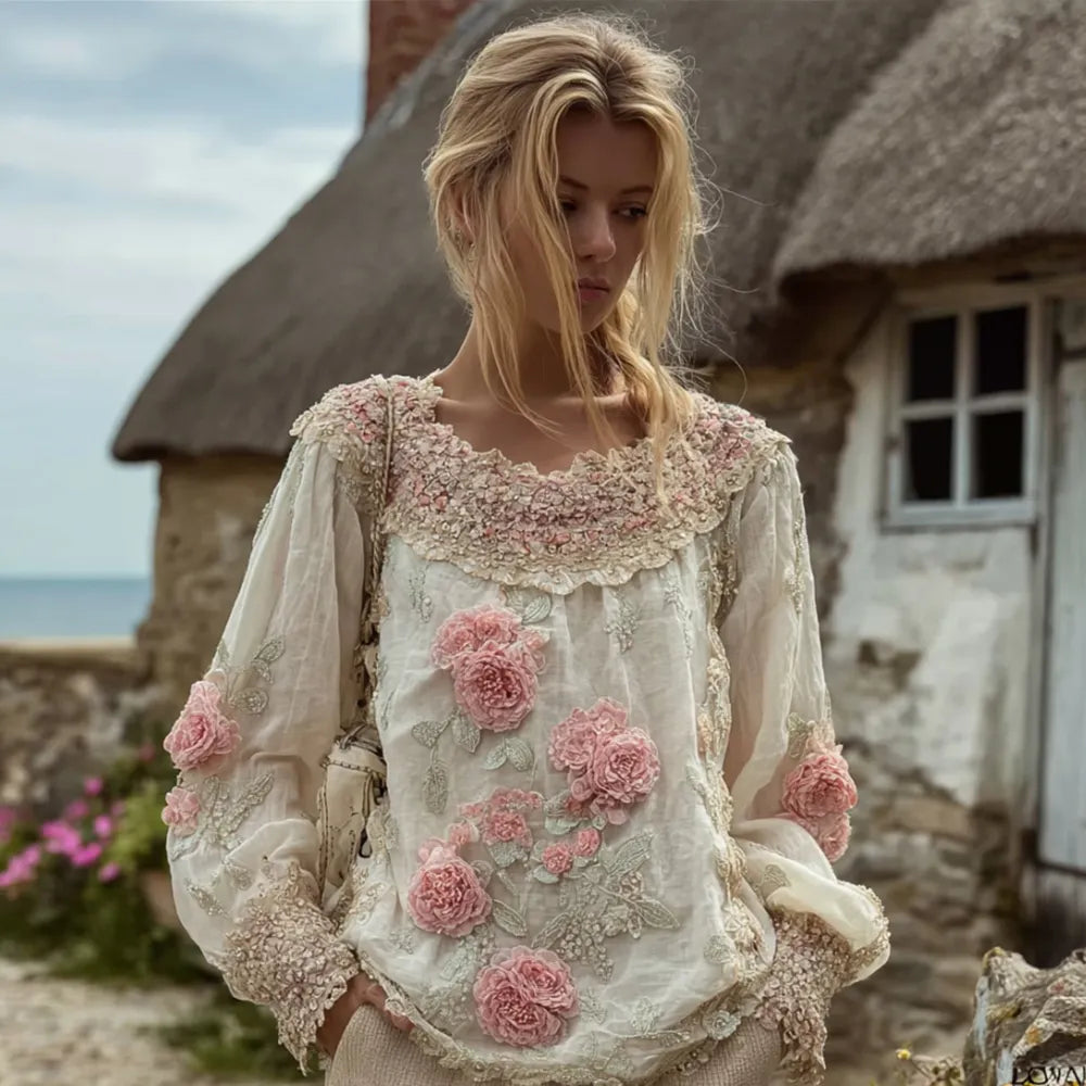Bohemian Vintage Slightly Wrinkled Cotton And Linen Round-neck Top