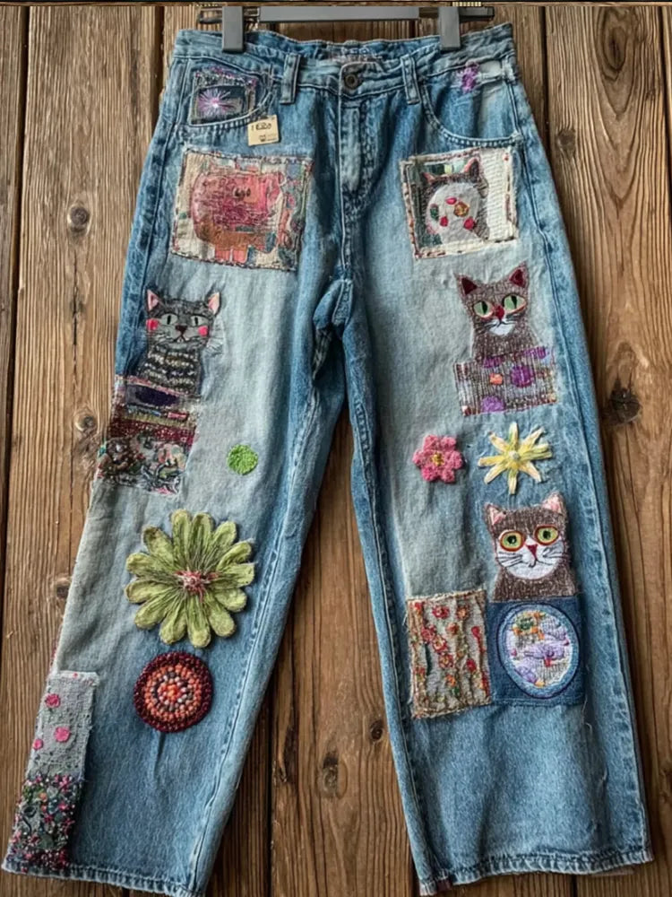 Women's Bohemian Style Cat-print Jeans