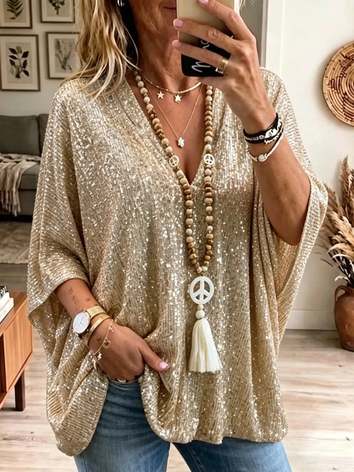 Women's Sequin V-Neck  Blouse