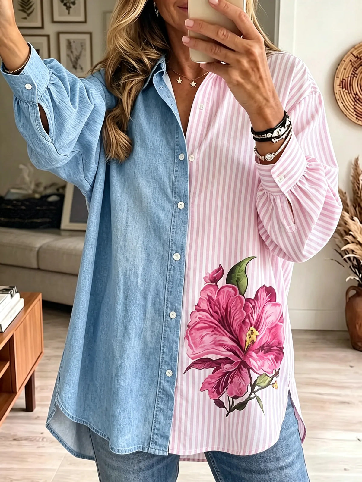Women's Patchwork Denim Striped Floral Shirt