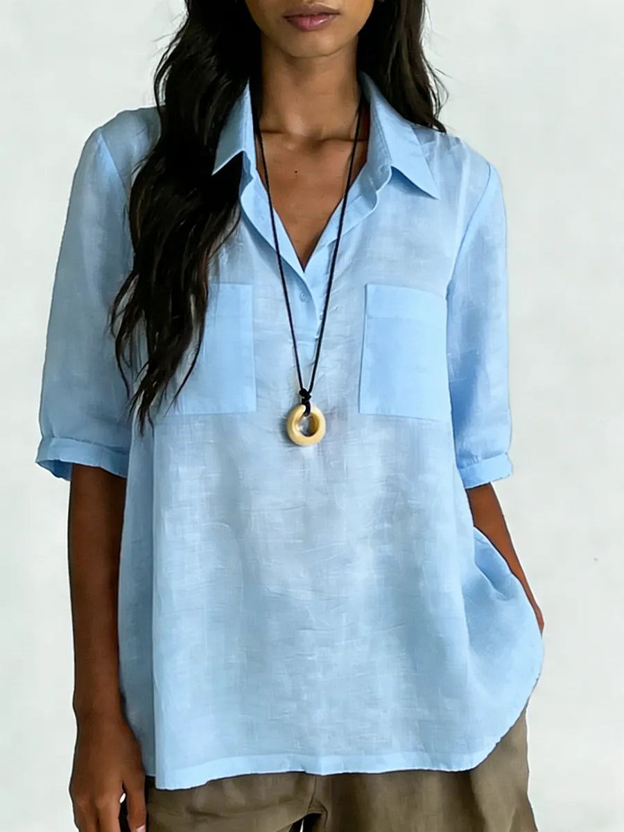 Women's Plain Color Pocket Casual Cotton Linen Shirt