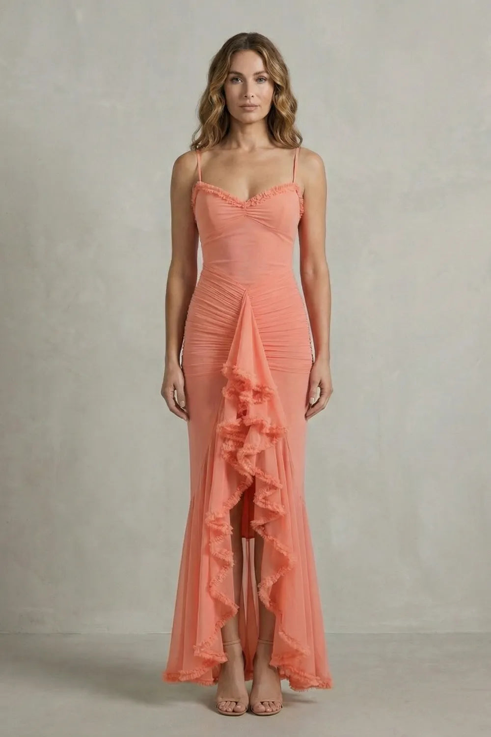 Feminine ruffle allure – Sleeveless high low maxi dress