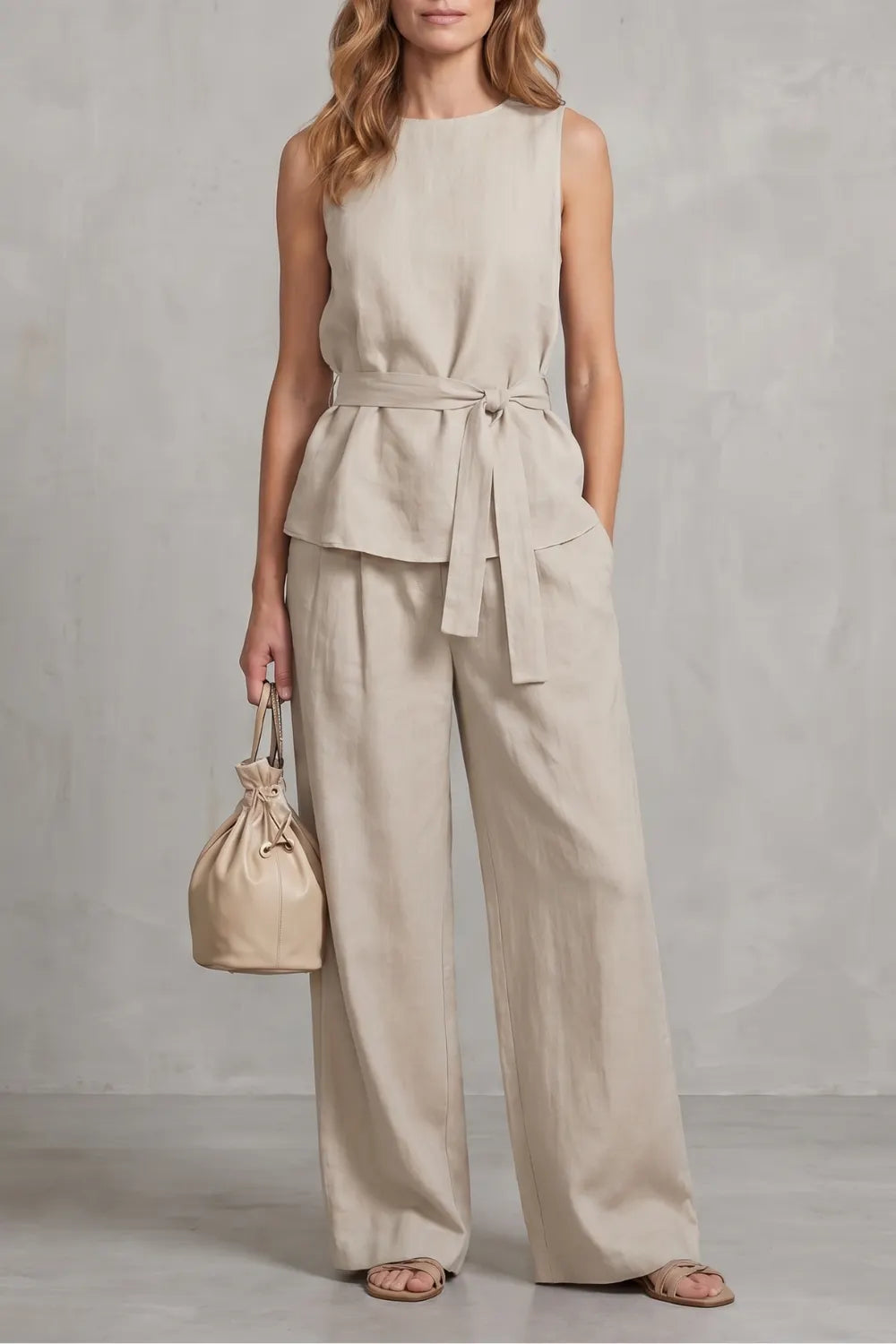 Elegant tie-waist silhouette – Two-piece trouser set