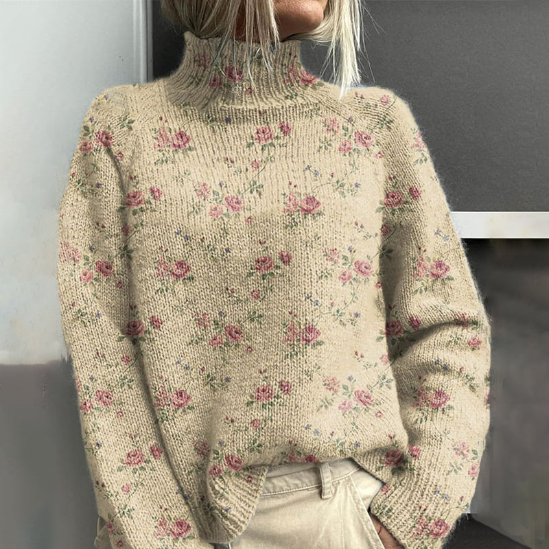 Women's Vintage Cute Floral Art Print Knitted Turtleneck Pullover
