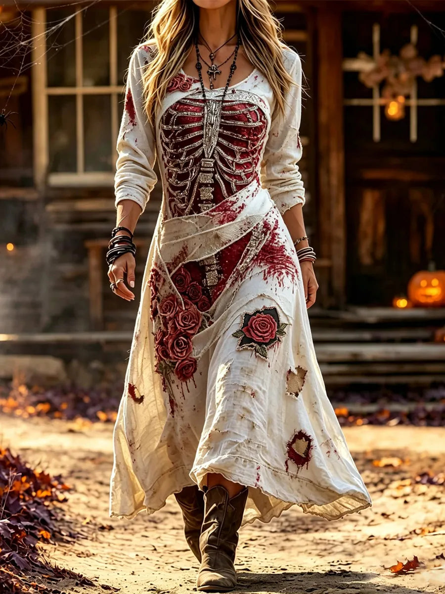 Women's Vintage Halloween Skull Art Print Casual Dress