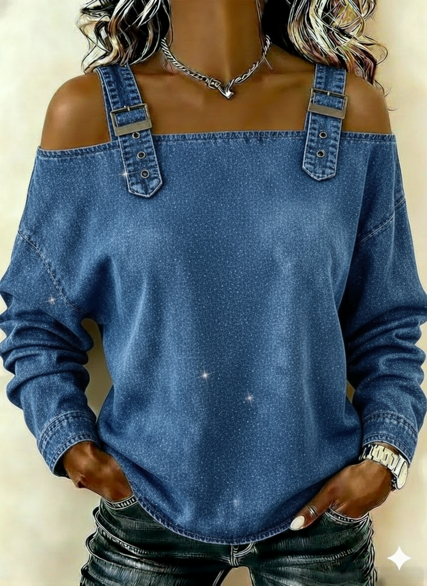 Casual Shimmering Shoulder Straps Denim Shirt Tops