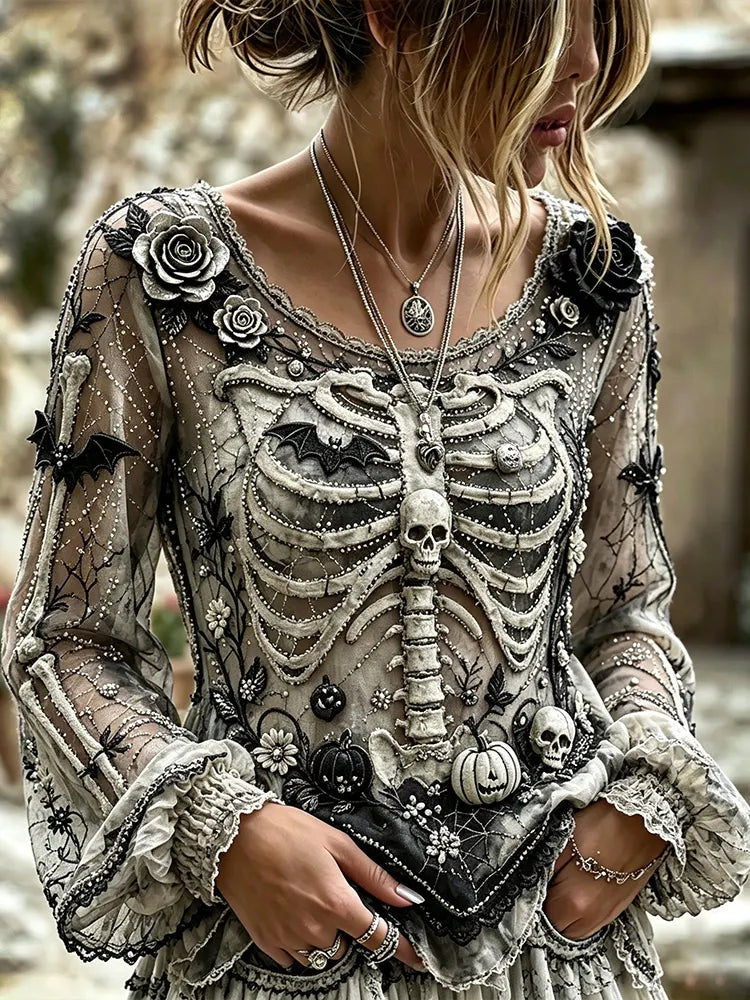 Vintage Halloween Skull And Floral Art Casual Long Sleeve Top