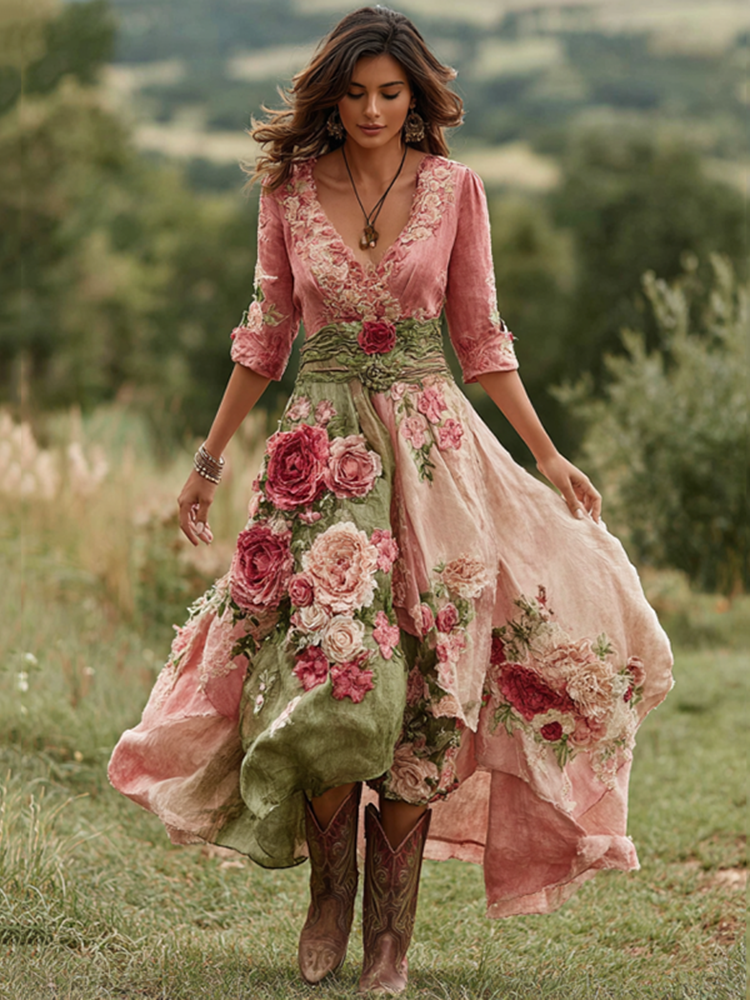 Women's Vintage Floral Art V Neck Linen Blend Maxi Dress