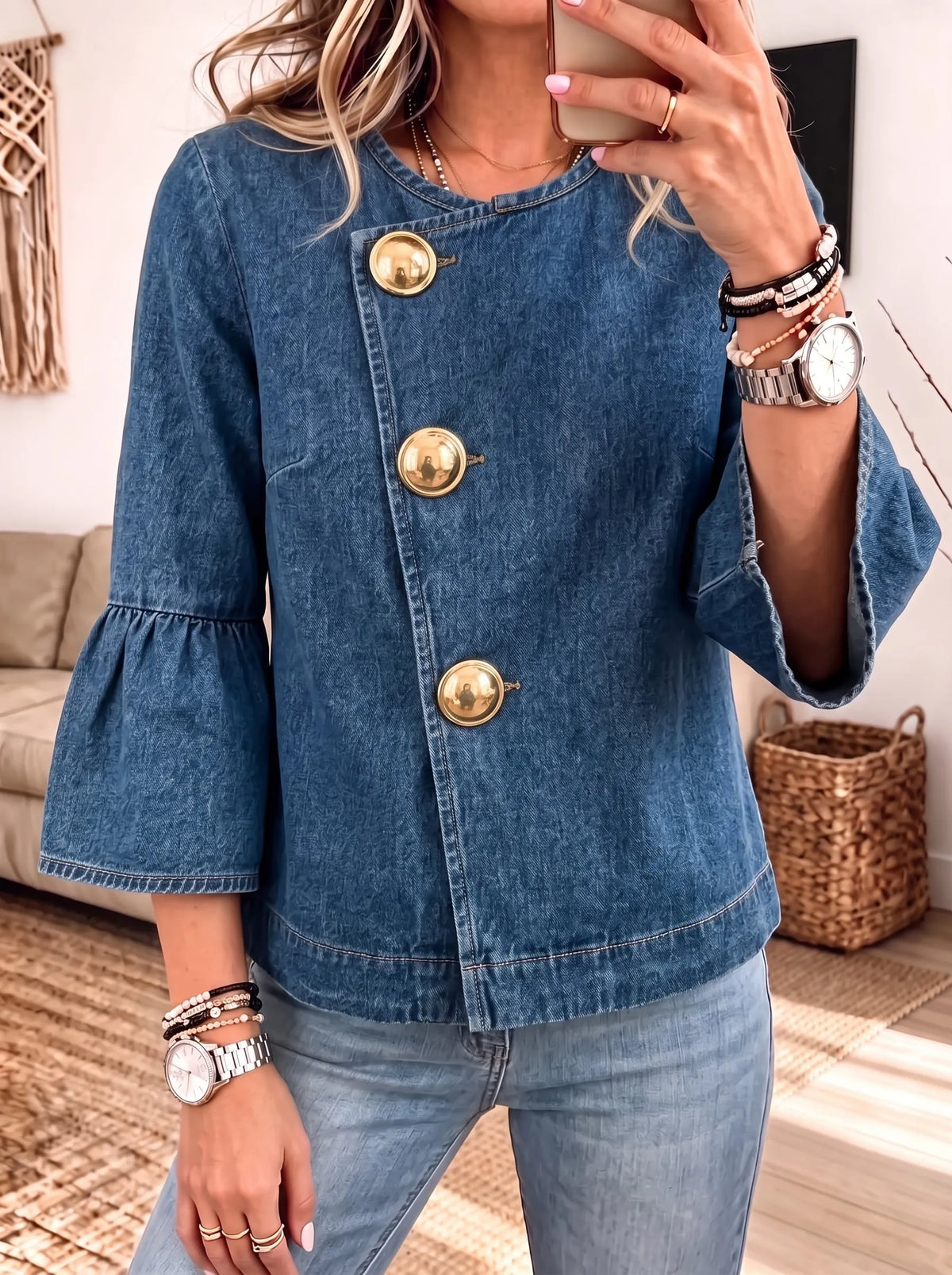 Round Neck Asymmetric Gold Button Bell Sleeve Denim Jacket