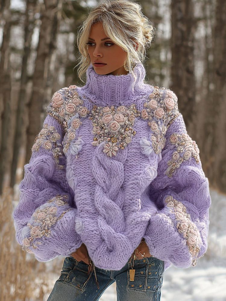 Women's Vintage Embroidery Rose Art Knit Cozy High Neck Sweater