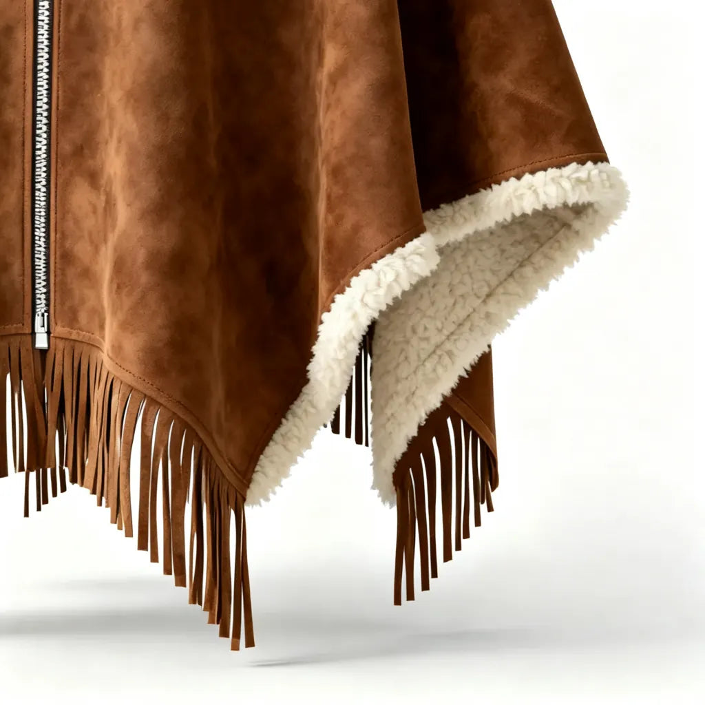 Women's Brown Faux Suede Hooded Cape With Shearling Lining And Fringe Details