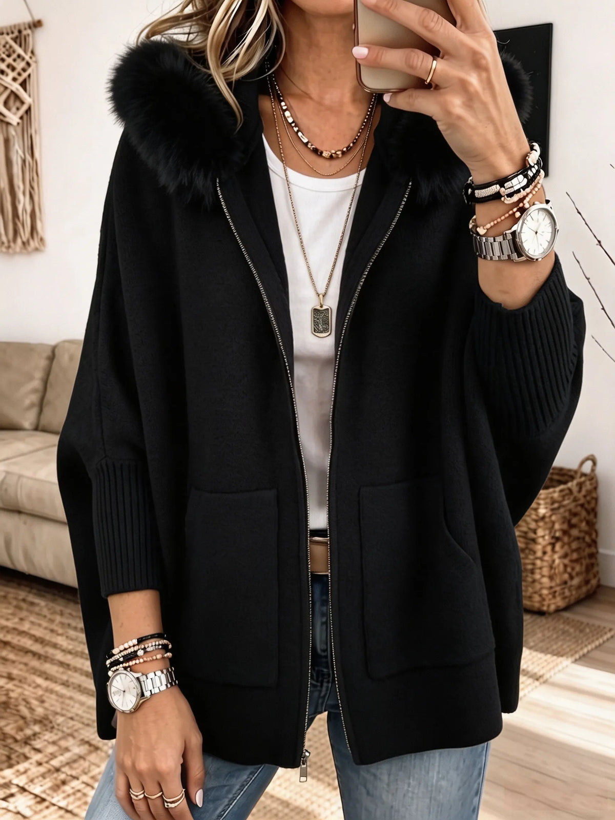 Women Furry Hood Zip‐Up Knit Cardigan, Oversized Cozy Knitted Jacket With Pockets