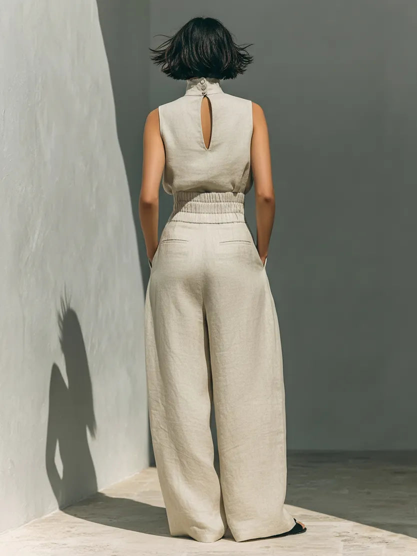 Elegant stand-collar shirt and wide-leg pants two-piece set
