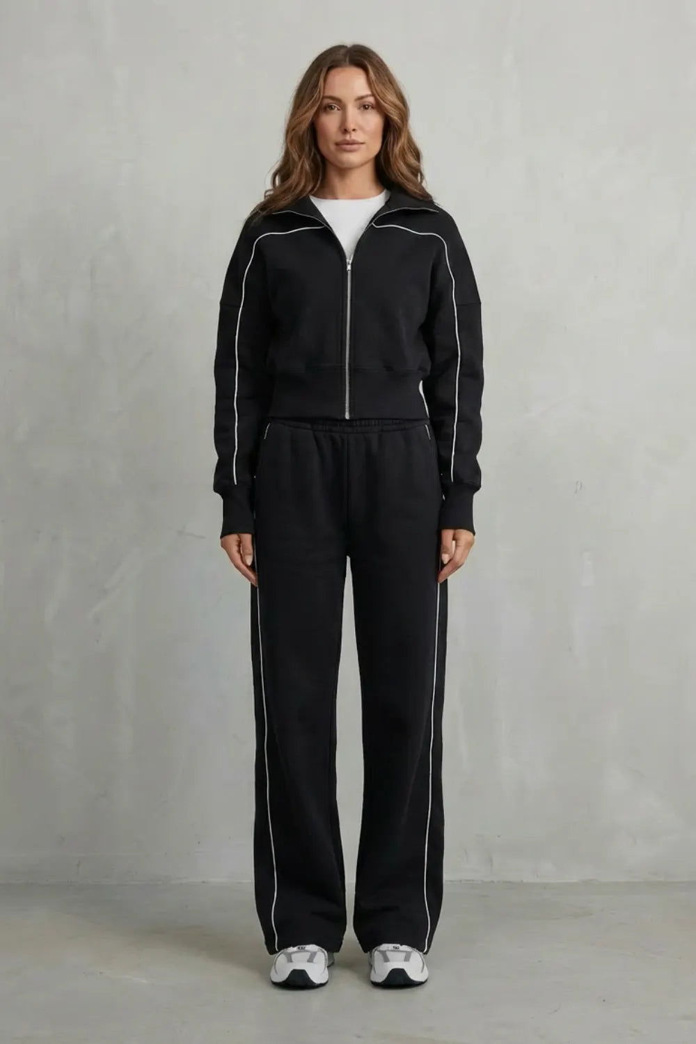 Urban Edge Piped Zip Jacket & Wide-Leg Pants Set
