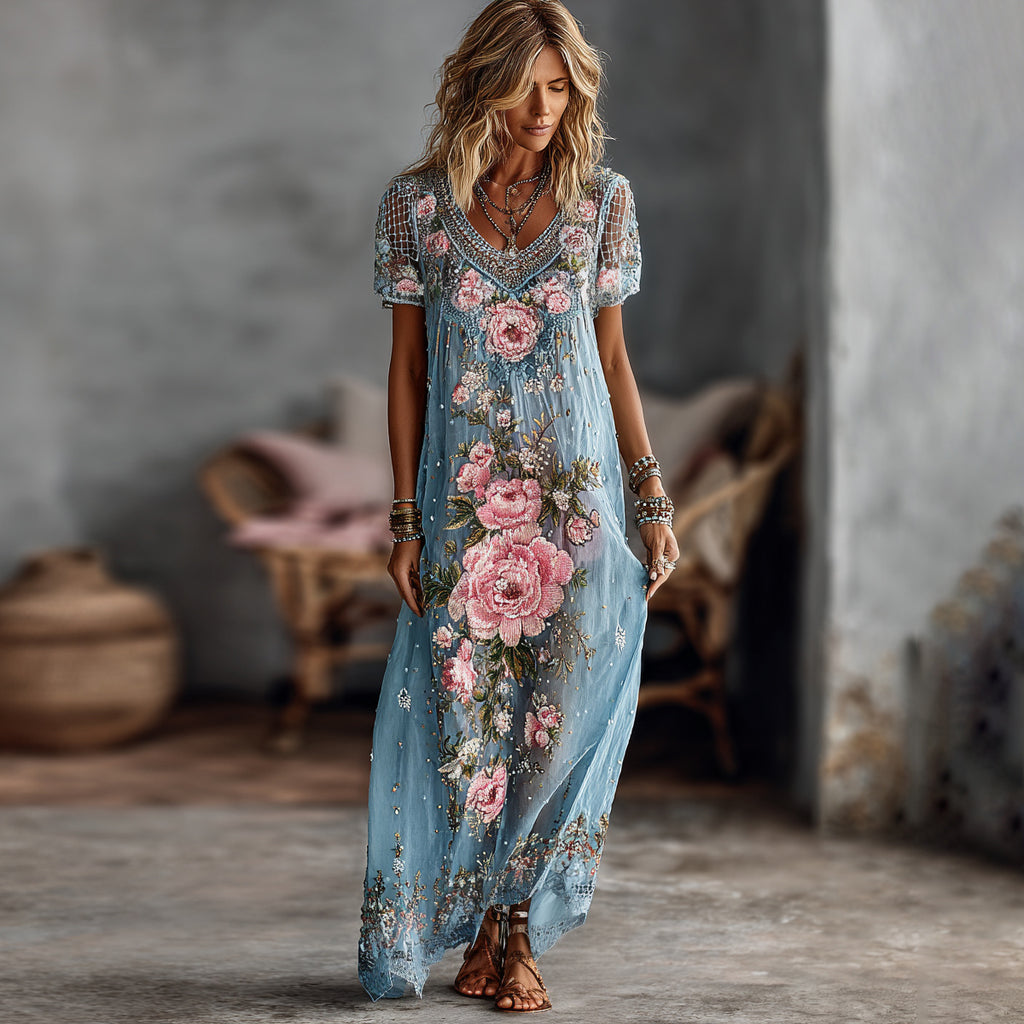 Women's Floral Roses Art Print Flowy Linen Blend Casual Short Sleeve Maxi Dress