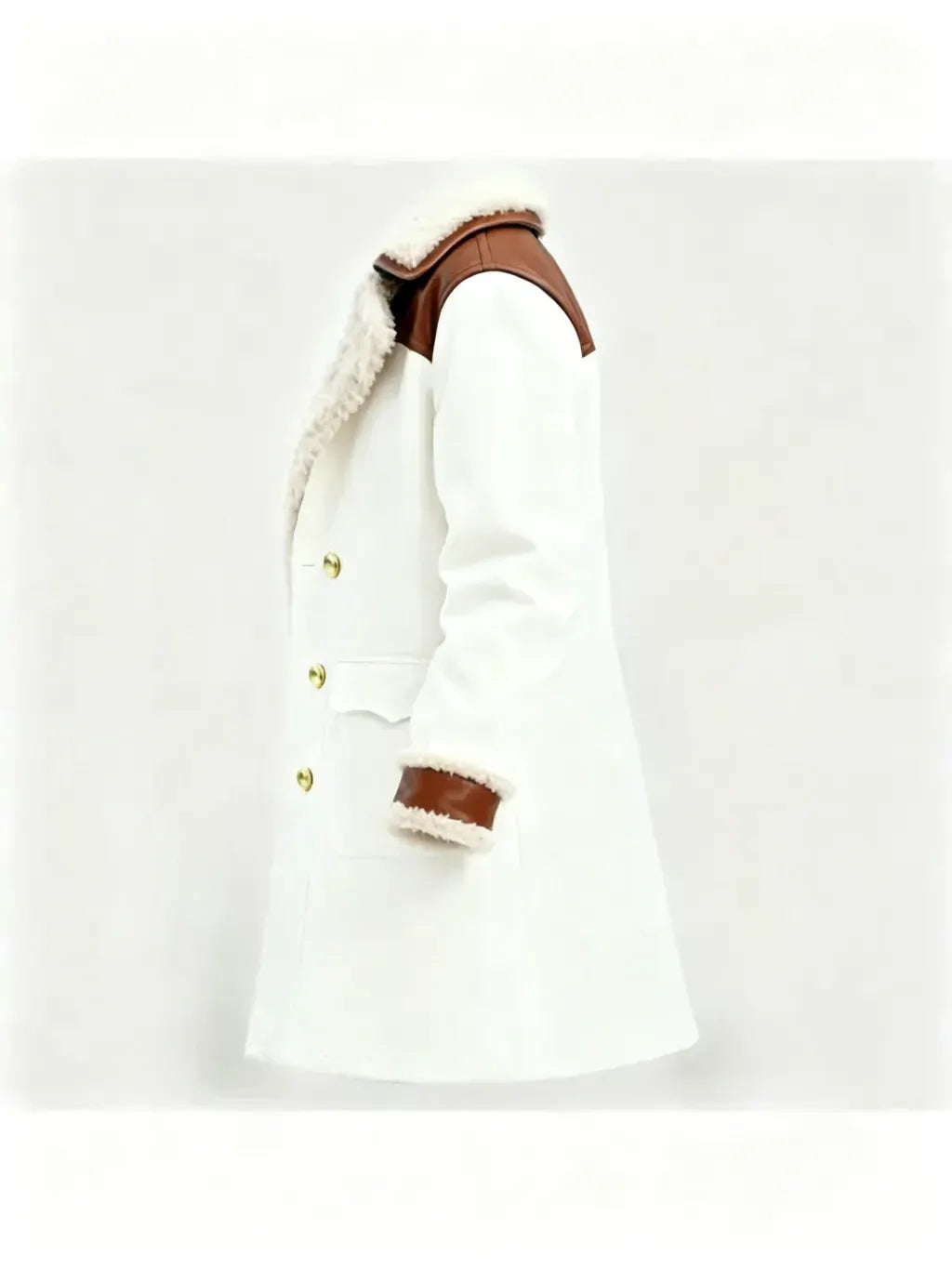 Women's Vintage White Leather Contrast Fleece Faux Fur Lining Coat