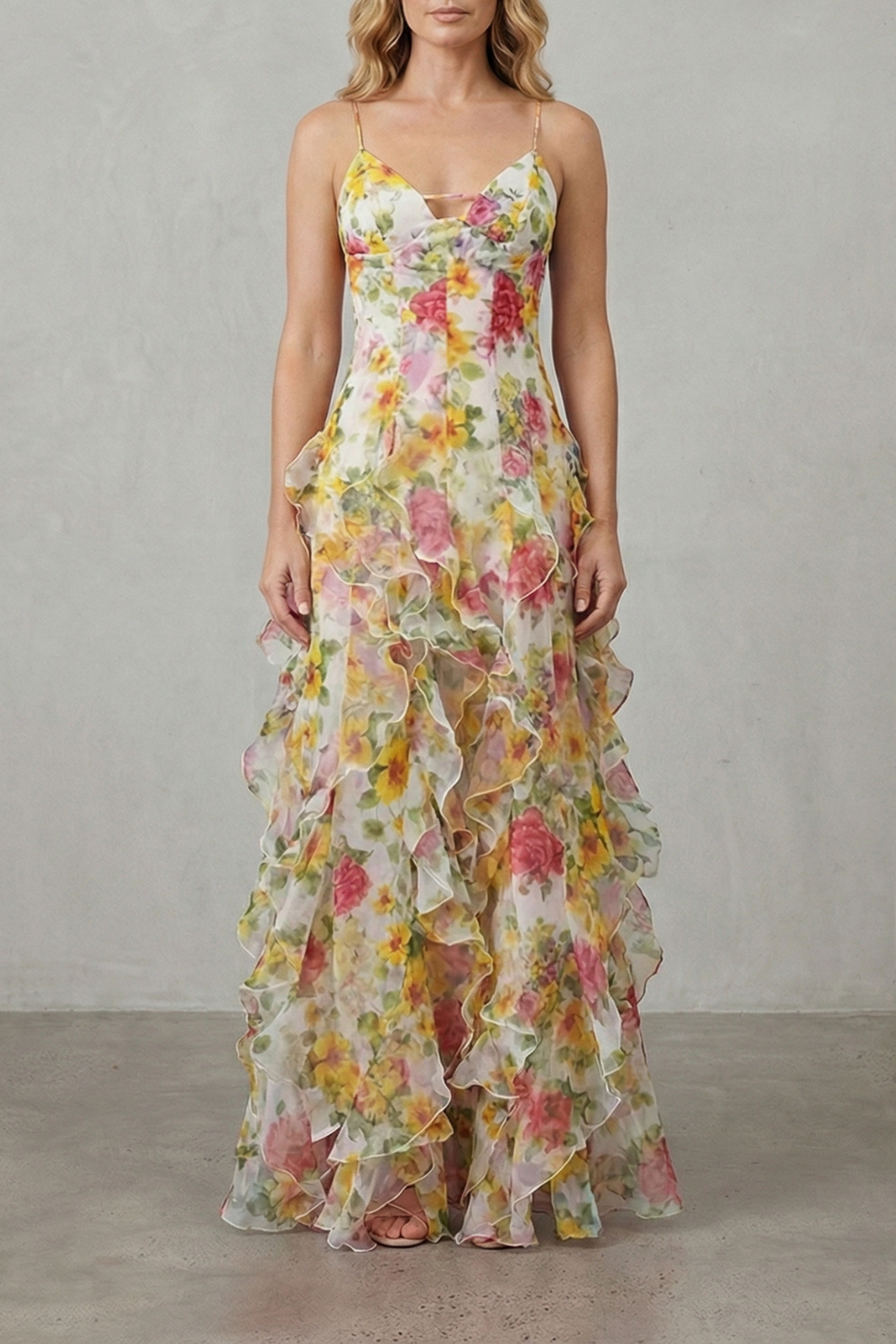 Watercolour bloom flow – Ruffled chiffon maxi dress