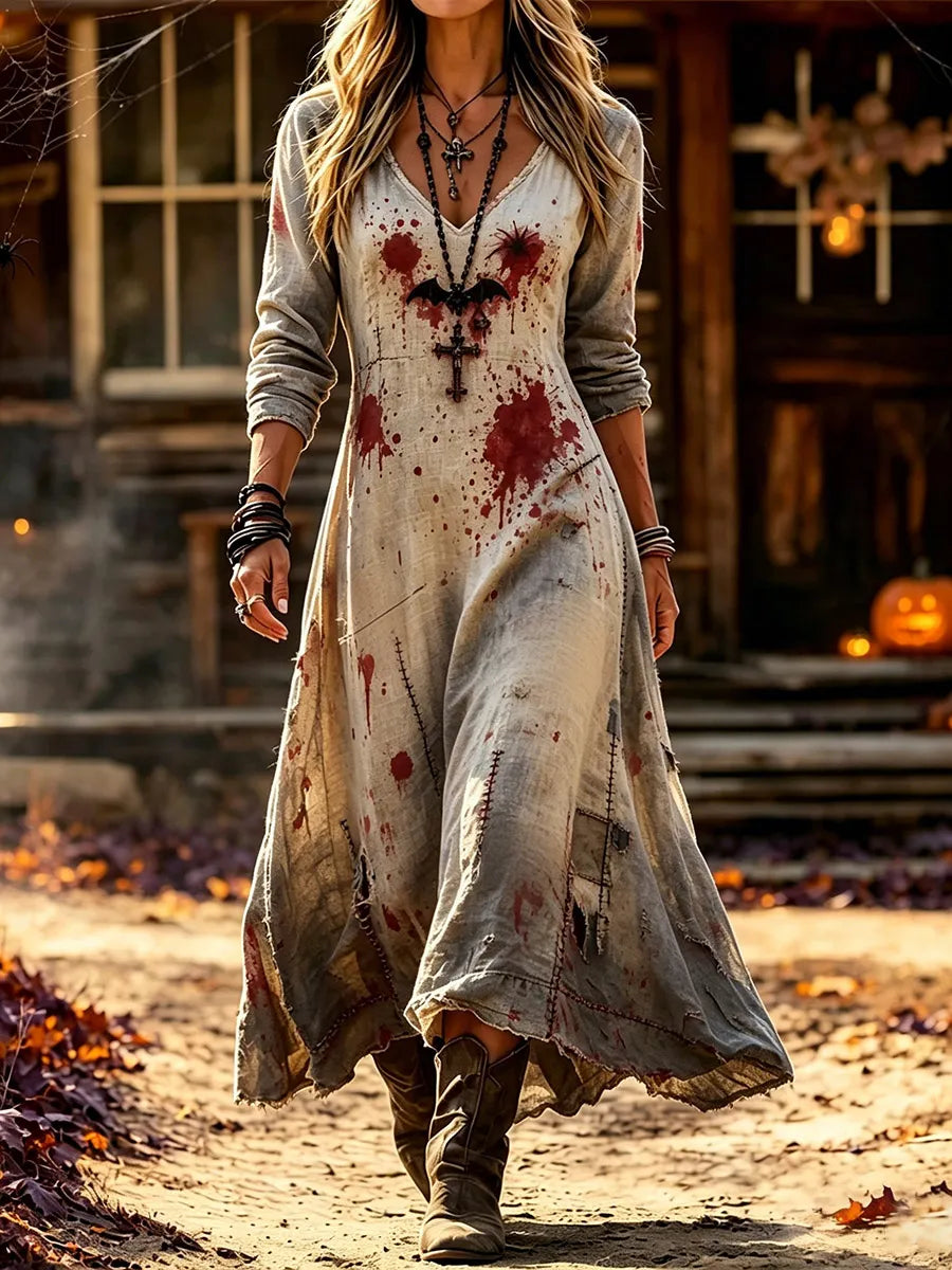 Women's Vintage Halloween Blood-Splatter Art Print Casual Dress