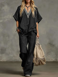 Women's V-neck Short-sleeved Casual Loose Top And High-waisted Casual Loose Wide-leg Denim Pants Set.