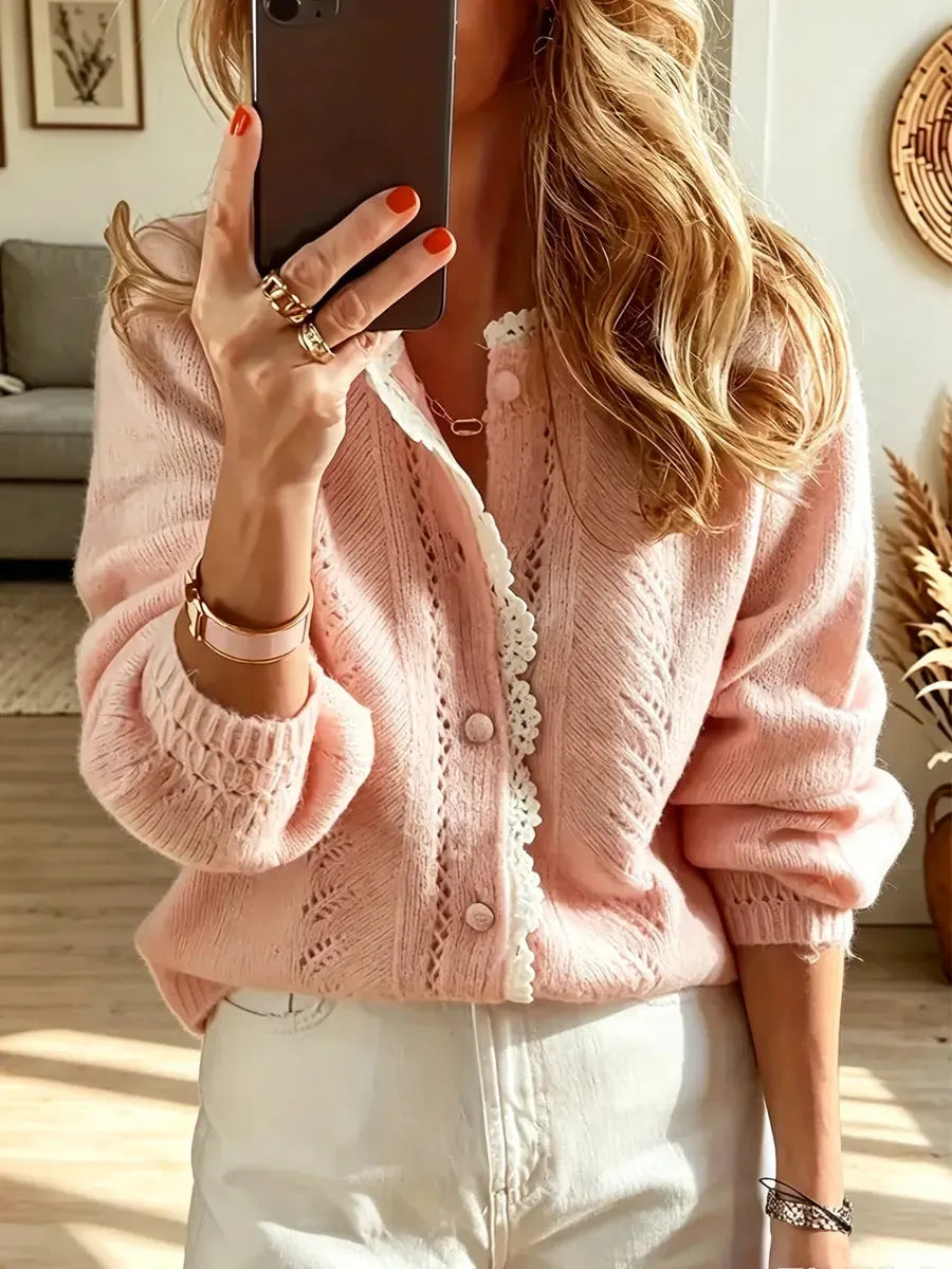 Retro Lace Hollow Patchwork Art Casual Stylish Long Sleeve Sweater