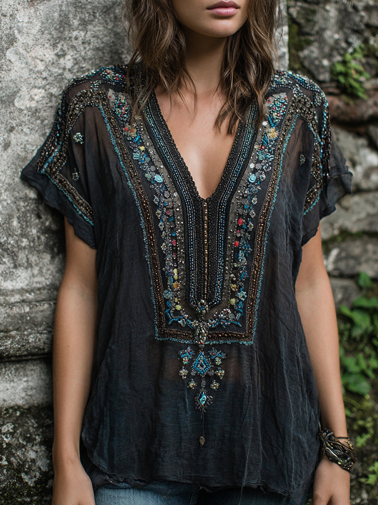 Women's Vintage Boho Nepal Ethnic Art V-neck Shirt