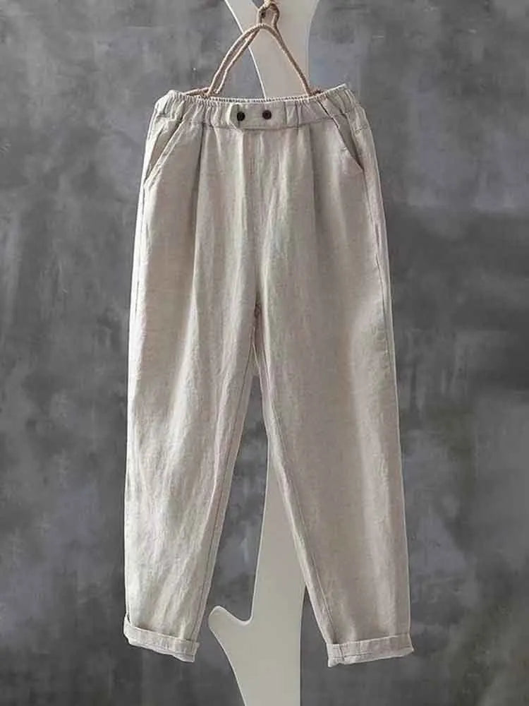 Women's Simple Linen Blend Elastic Waist Casual Pants
