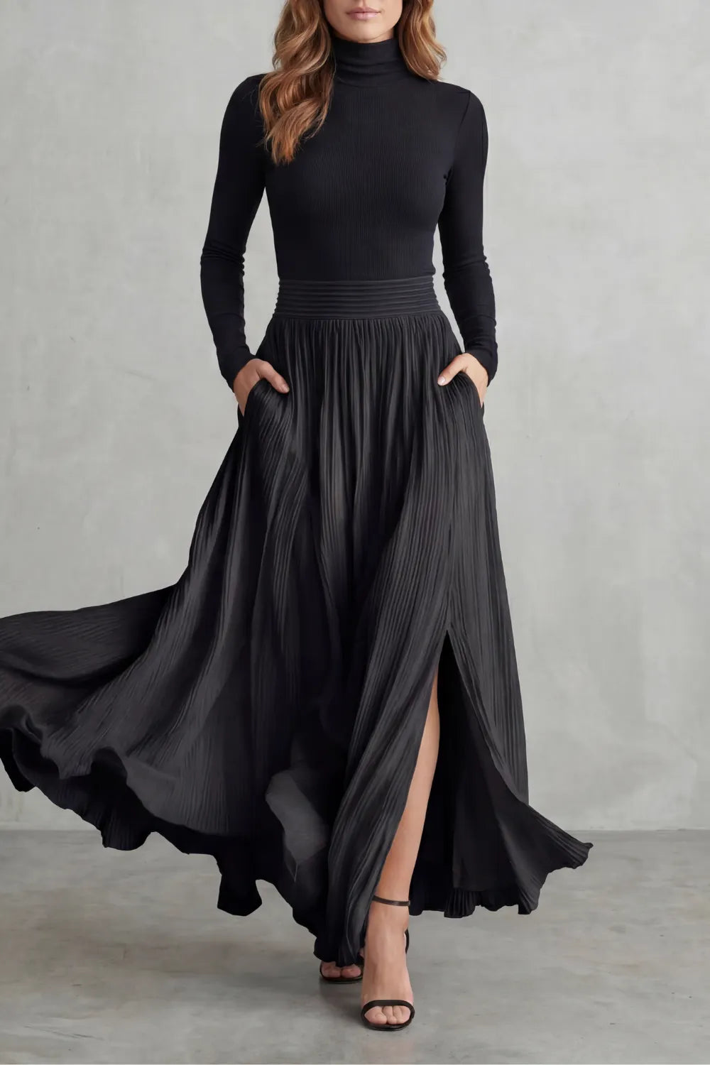 Pleated flow silhouette – Two-piece turtleneck set