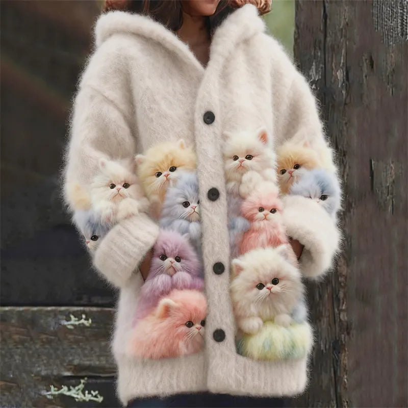 Lovely Fuzzy Colorful Cats Cozy Hooded Cardigan