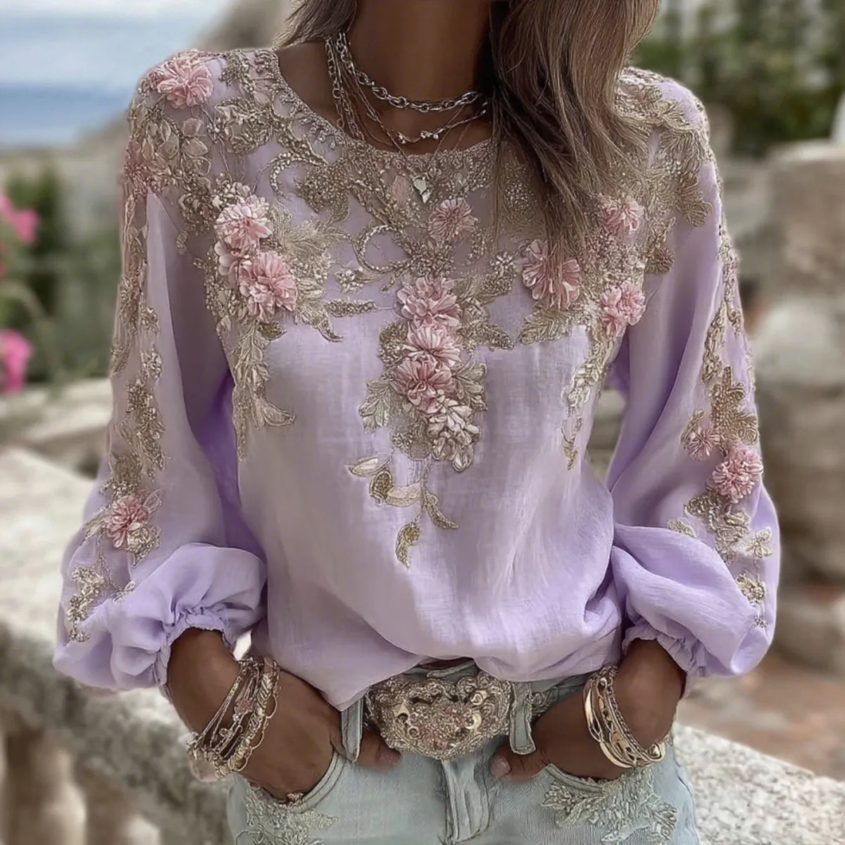 Women's Vintage Pink Rose Embroidery Art Round Neck Long Sleeve Linen Blend T-shirt