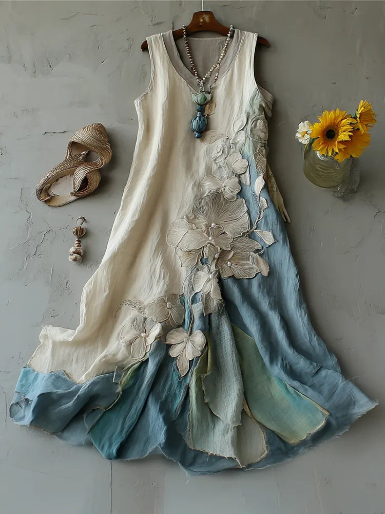 Women's Vintage Floral Embroidery Ombre Linen Dress