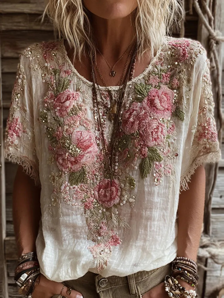 Women's Pink Rose Embroidery Art Round Neck Short Sleeve Linen Blend T-shirt
