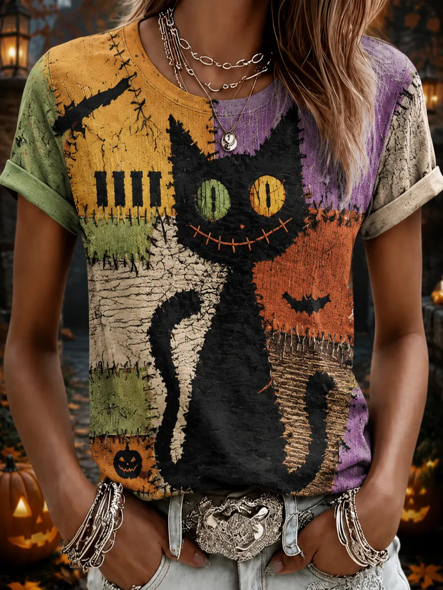 Women's Halloween Cat Print Casual T-Shirt