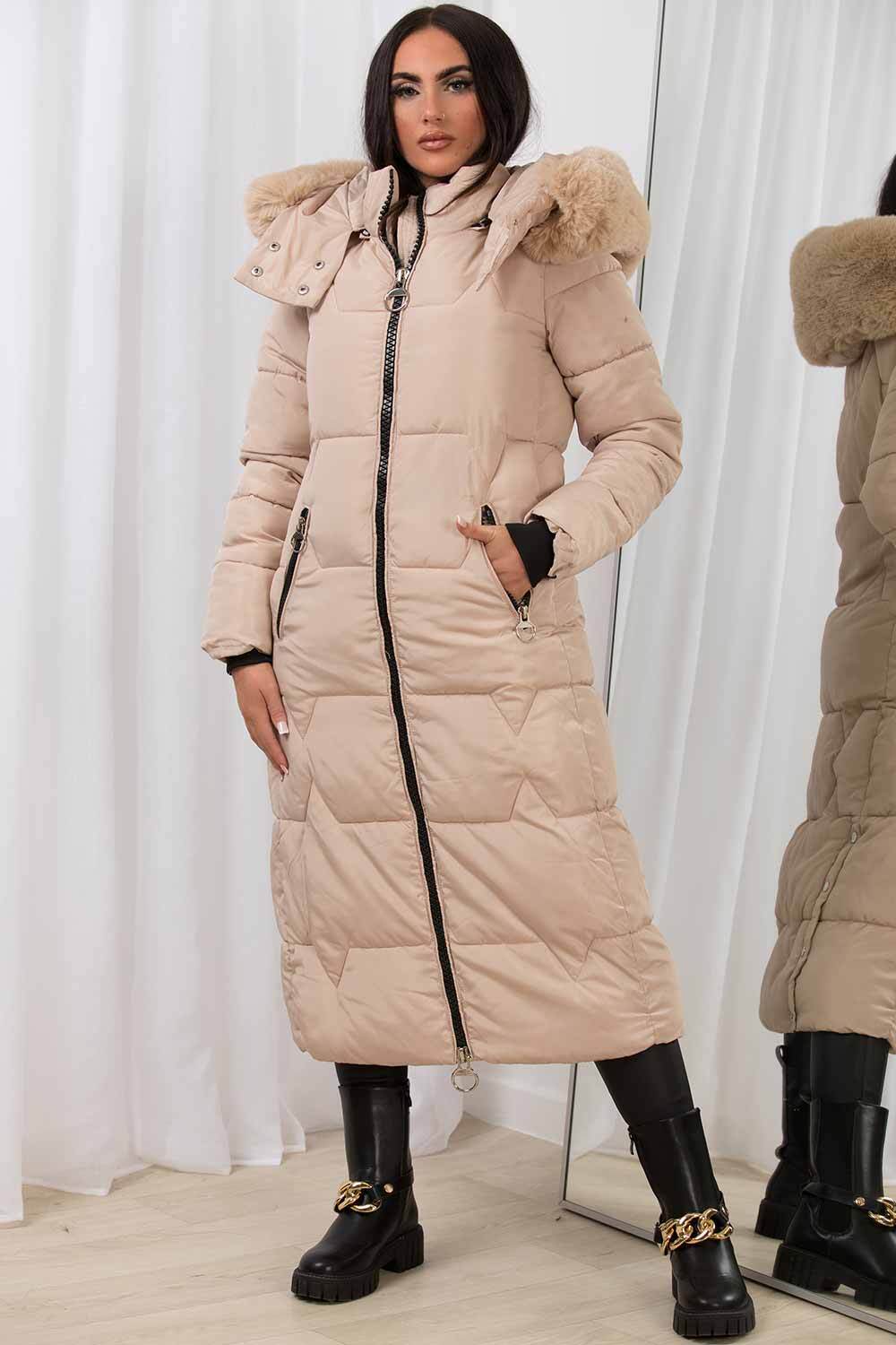 Long Puffer Padded Coat With Faux Fur Hood Beige