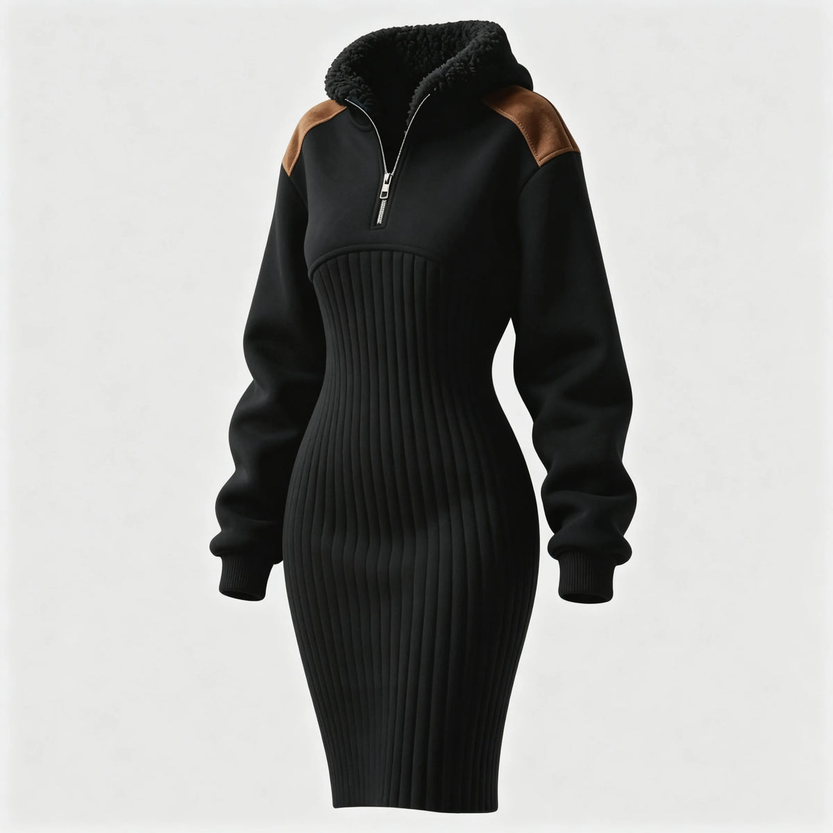 Women's Contrast Color Stitching Suede Lambswool Lapel Hooded Long Sweatshirt