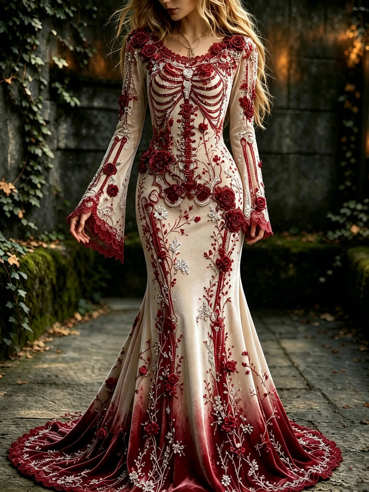 Women's Halloween Gothic Red Rose Human Anatomy Elegant Velvet Round Neck Long Sleeve Dress