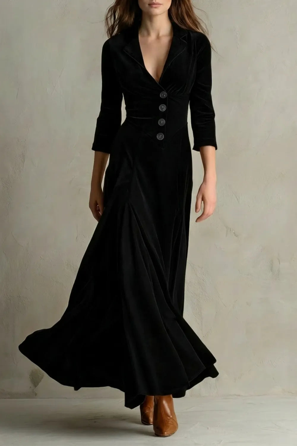 Vintage Velvet Long Dress – Elegant Buttoned Swing Skirt with Lapel Detail