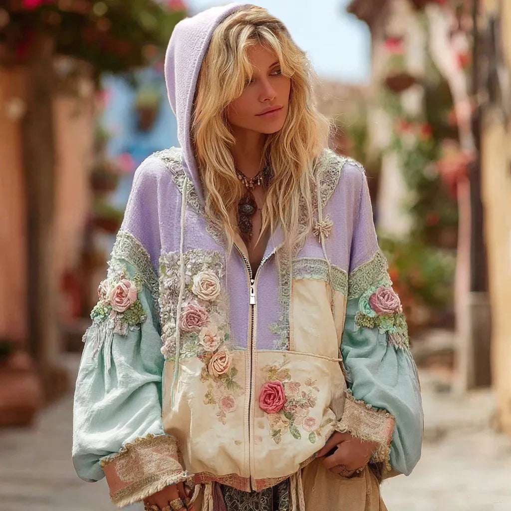 Women's Floral Embroidery Color Block Boho Casual Zip-up Hoodie