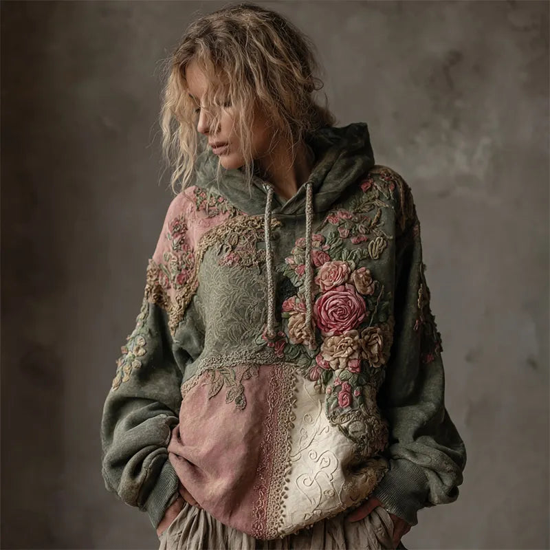 Vintage Pink Roses Floral Embroidered Patchwork Hoodie