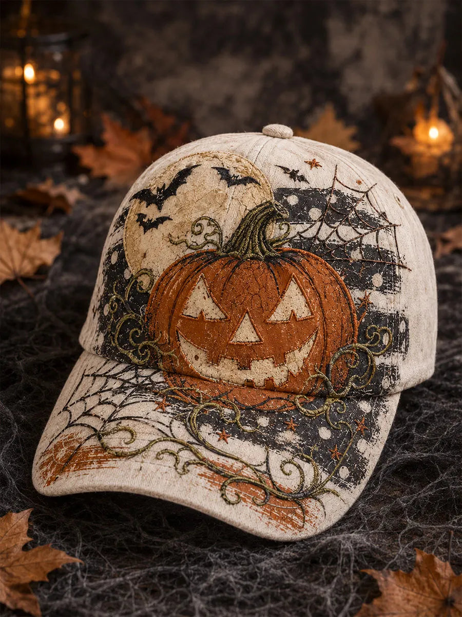 Vintage Pumpkin, Bat & Spiderweb Halloween Baseball Cap